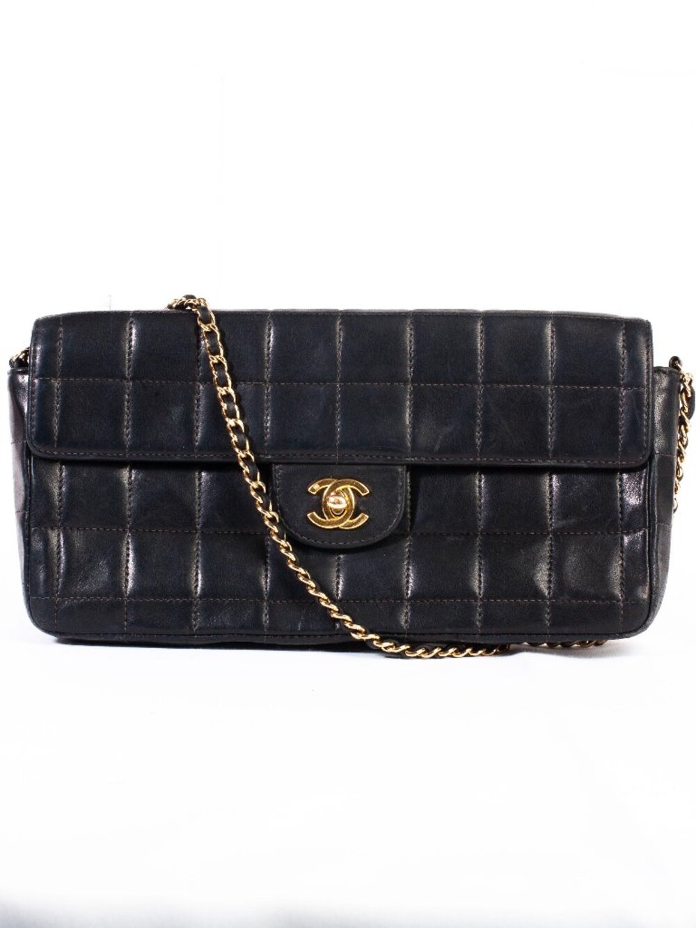 Authentic Chanel Black Lambskin Quilted Chocolate Bar Small Flap Shoulder Bag